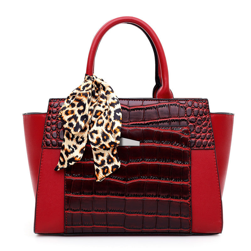 Women’s Crocodile Pattern Hand Shoulder Bag with Tied Leopard Silk Scarf in 9 Colors - Wazzi's Wear