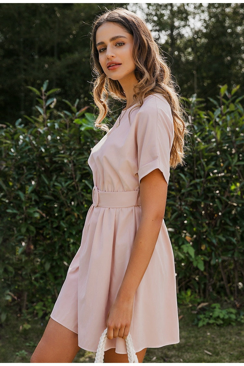 A-line skirt short sleeve belt short dress