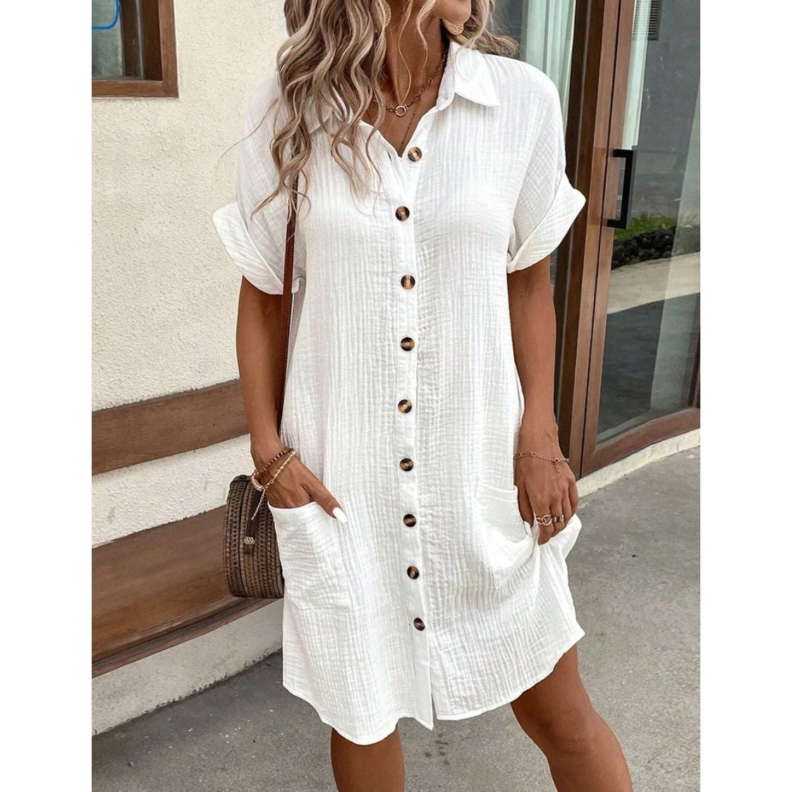 Solid Color Linen Cotton Button Down Loose Shirt Dress
