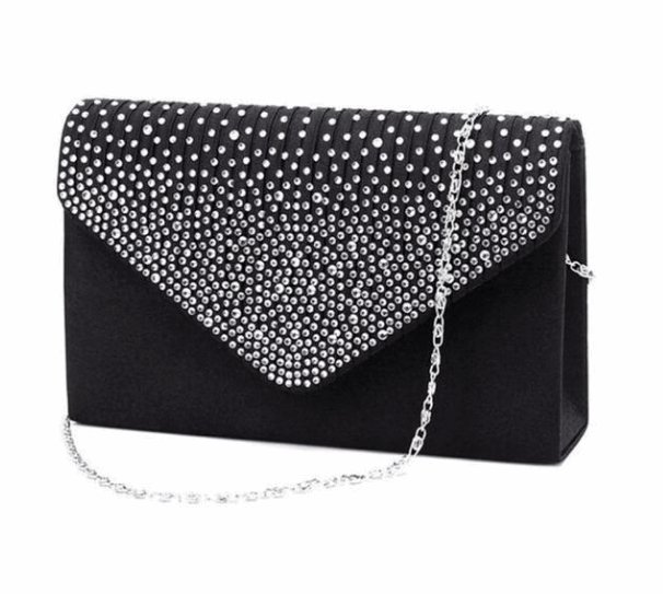 Elegant Satin Evening Bag with Rhinestones and Shoulder Chain in 2 Colors - Wazzi's Wear