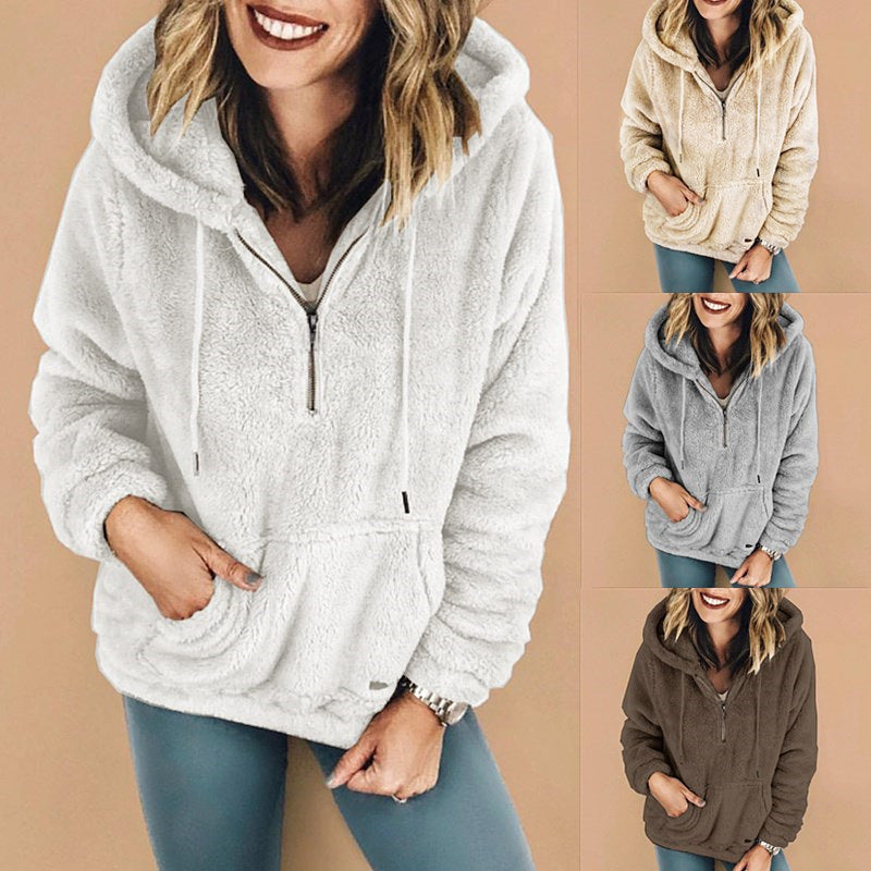 Women’s Long Sleeve Fleece Pullover Sweater with Hood and Pocket in 4 Colors S-5XL - Wazzi's Wear