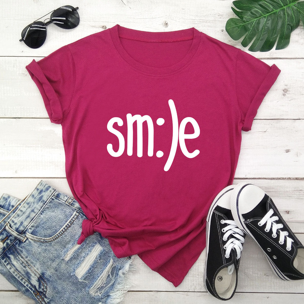 Women’s Smile Printed Short Sleeve Cotton Top in 12 Colors S-5XL - Wazzi's Wear