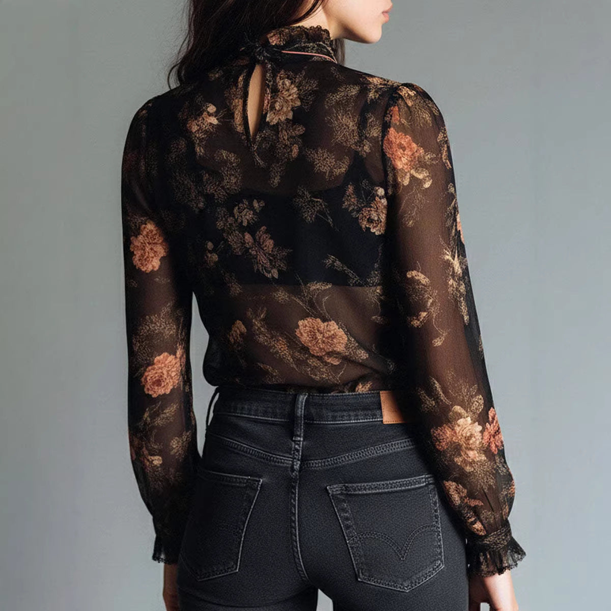 Women's Sheer Floral Print Collar Shirt