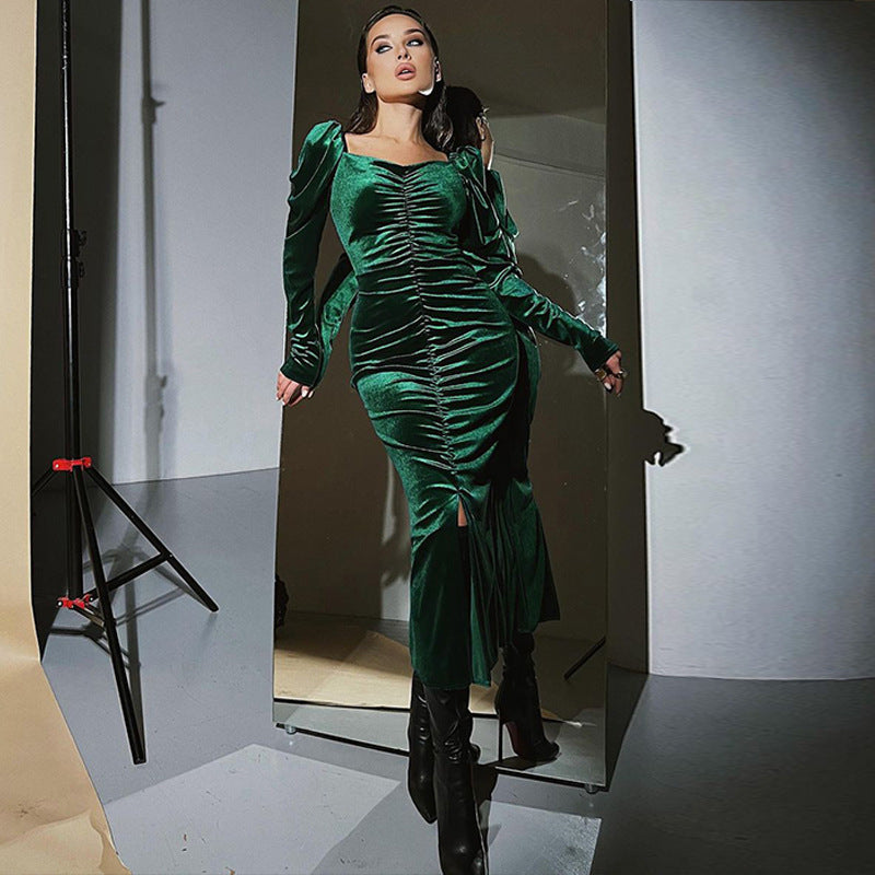 Women's pleated slim fit mid-length green velvet dress with long sleeves and front slit
