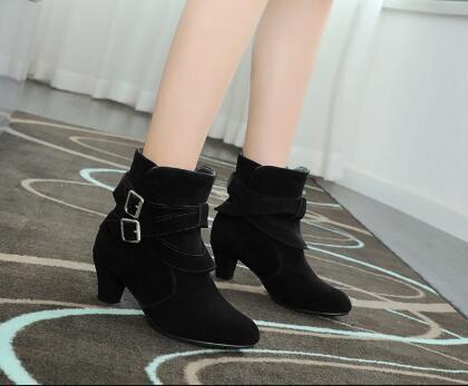 Women’s Suede Thick High Heel Ankle Boots with Buckles 