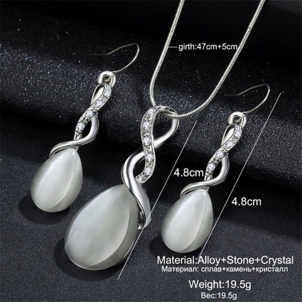 Women’s Opal and Cubic Zirconia Pendant Earrings and Necklace Set in 3 Colors - Wazzi's Wear