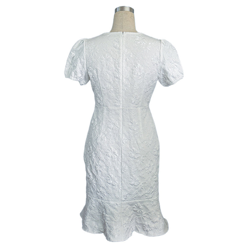 Women's Floral Jacquard Dress Women's Short Puff Sleeve Crew Neck Ruffle Hem Bodycon Dresses