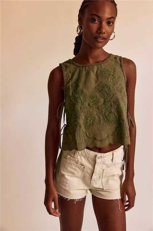 Summer New Solid Color Artistic Embroidered Sleeveless Crew Neck Tank Top