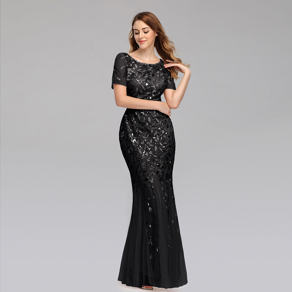 Women’s Elegant Short Sleeve Evening Gown with Chiffon and Lace Overlay