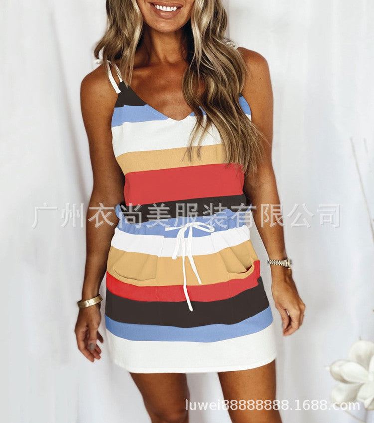 Women’s Sleeveless Striped Drawstring Mini Dress in 12 Colors S-3XL - Wazzi's Wear