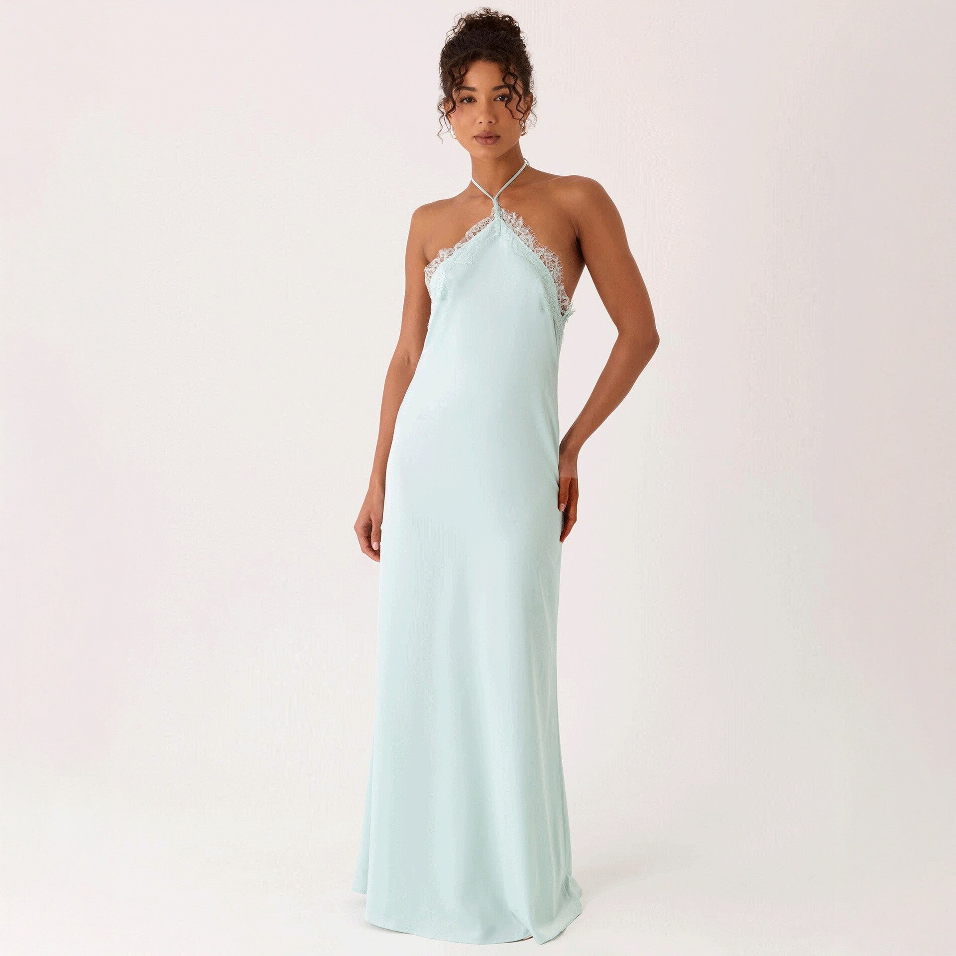 Lace-spliced Backless Slip Dress Solid Color