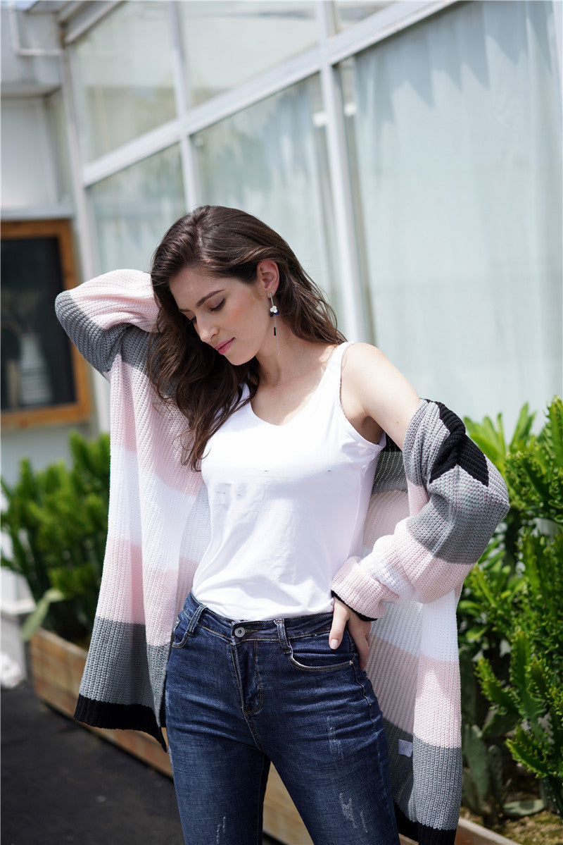 Mid-length Knitted Cardigan Loose Striped Rainbow Sweater