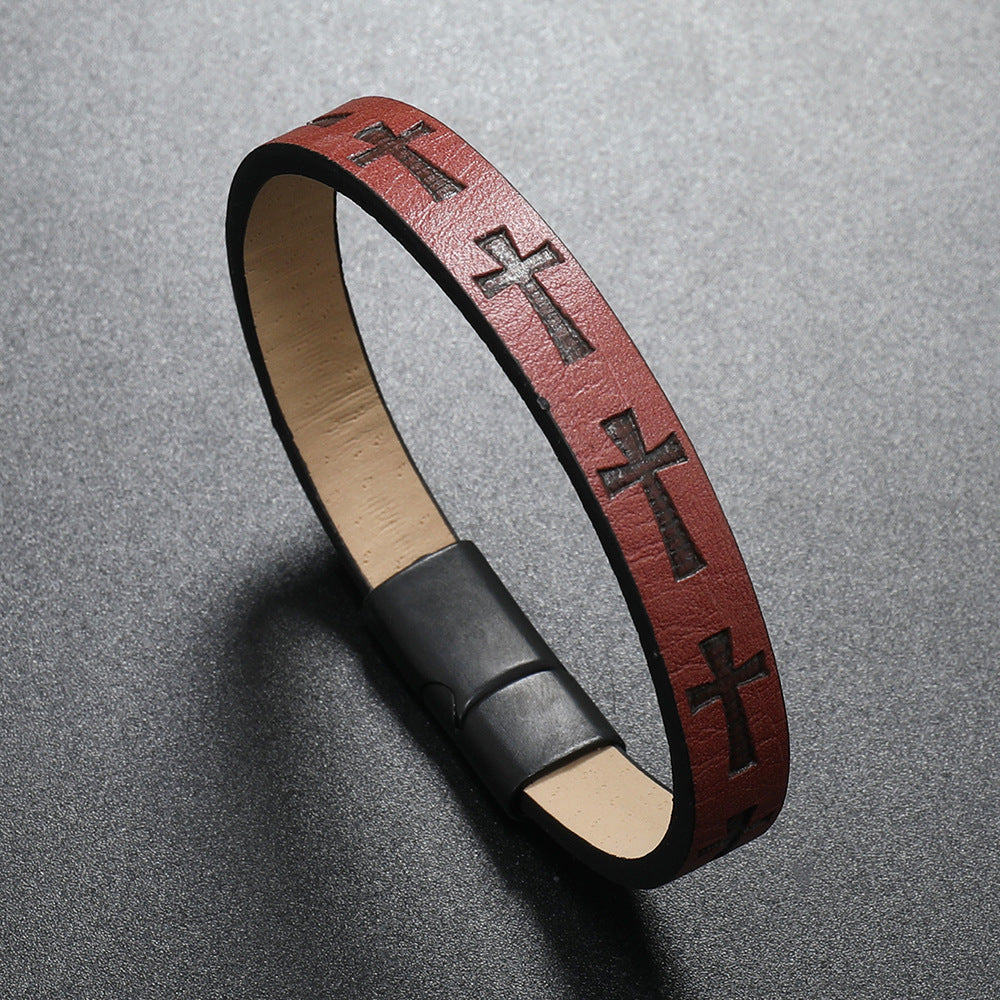 Leather Bracelet with Cross Print and Magnetic Buckle