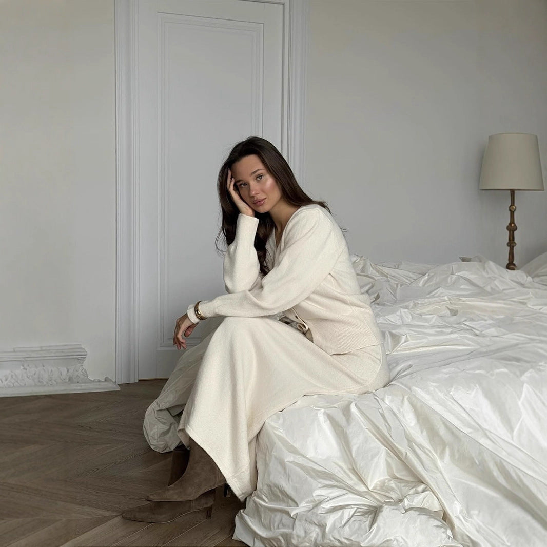 V-neck Knitted Cardigan A- Line Midi Skirt Two-piece Set