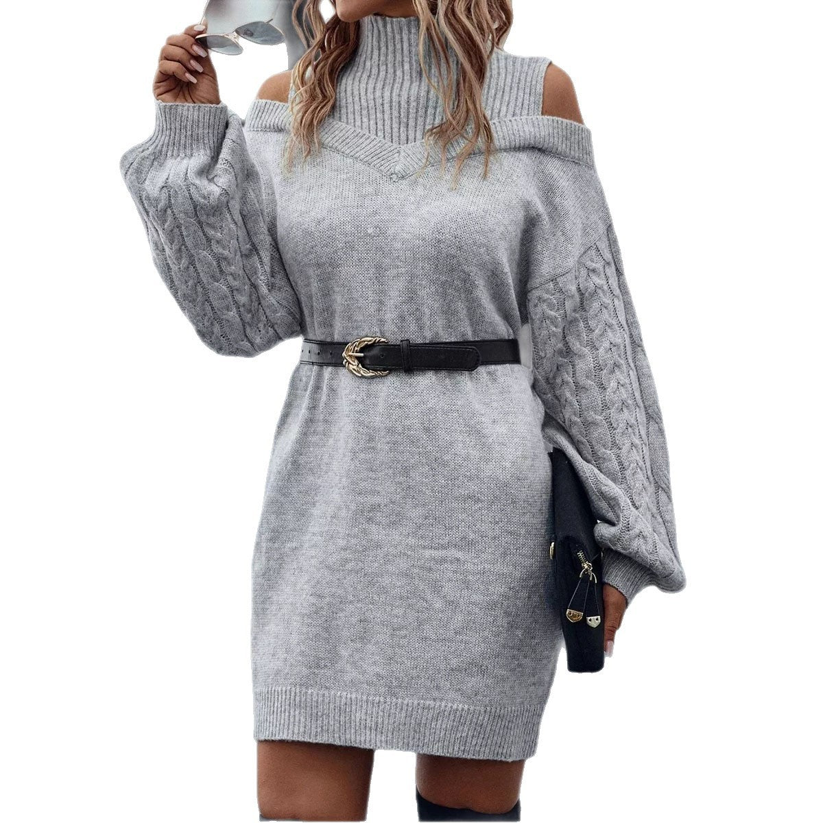 Loose Mid-length Sweater Half Turtleneck Off-the-shoulder Long Sleeve Knitted Dress