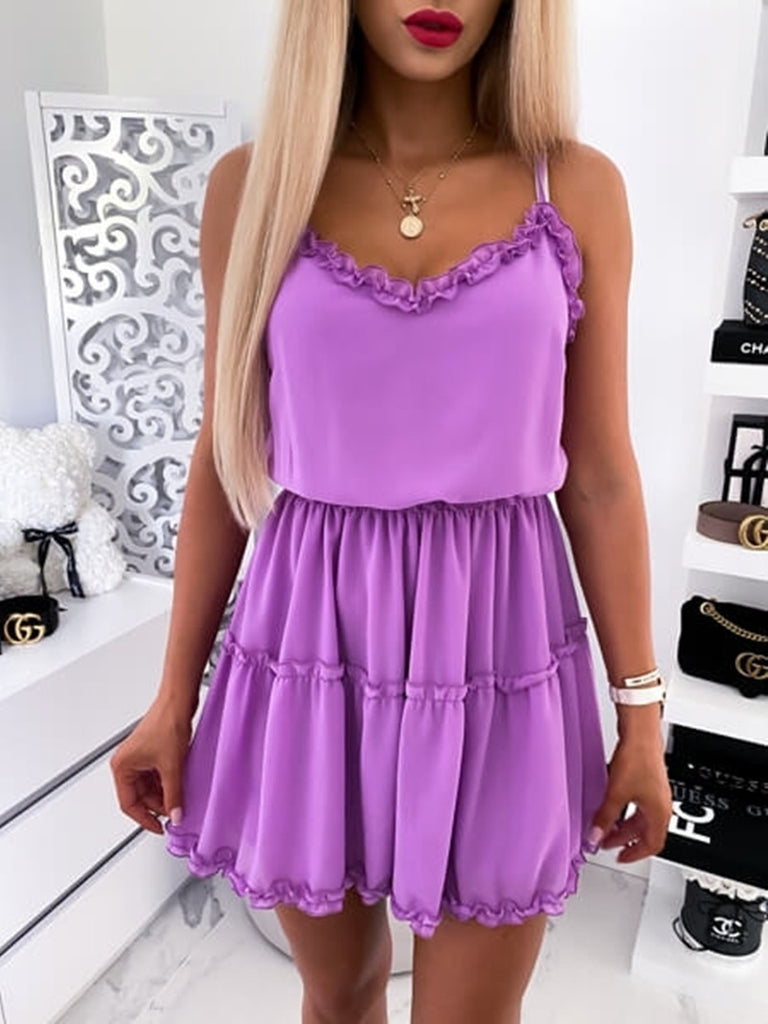 Women’s Sleeveless V-Neck Ruffled Mini Dress in 4 Colors S-3XL - Wazzi's Wear