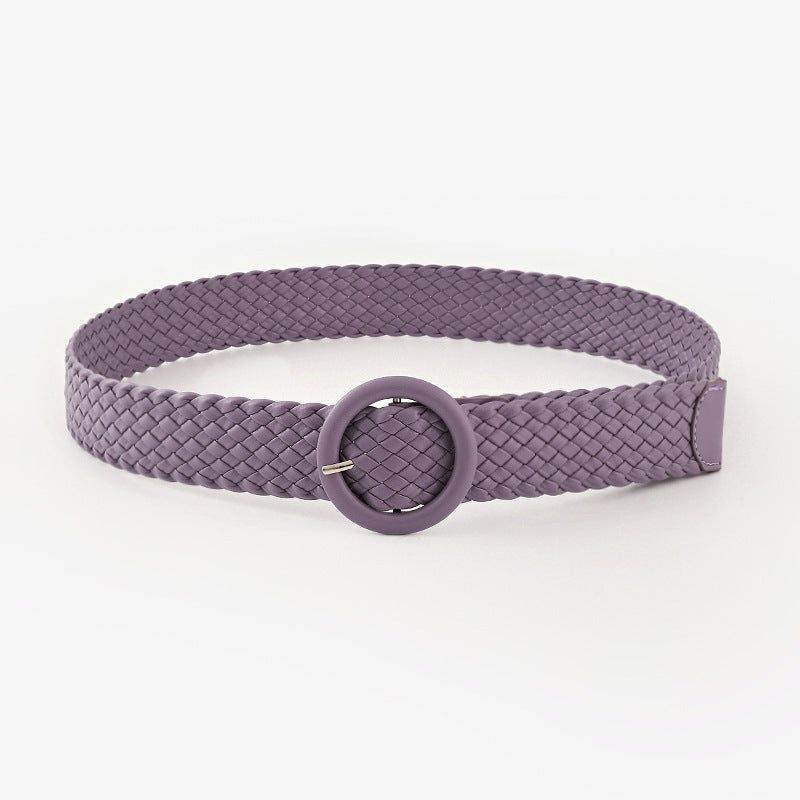 Woven Solid Colour Women’s Belt with Round Buckle