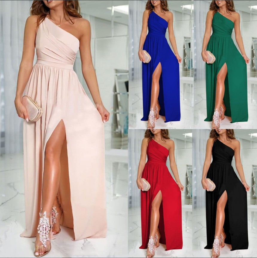 Robe de soirée longue taille haute asymétrique pour femme en 5 couleurs S-XXL