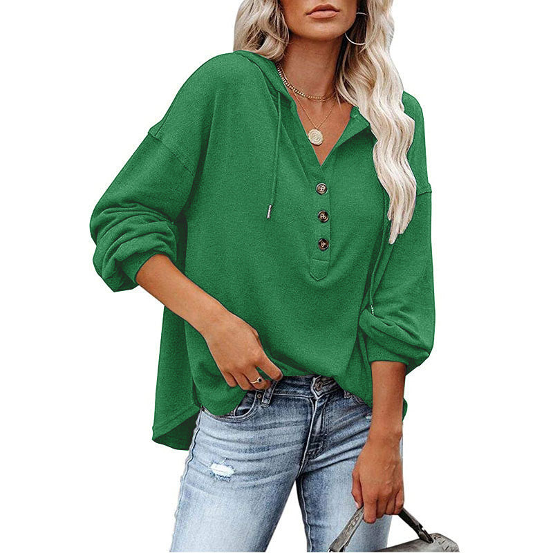 Women’s V-Neck Hooded Long Sleeve Shirt