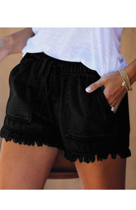 Women's Elastic Waist Denim Shorts with Pockets and Raw Hem Dark Grey Size 8