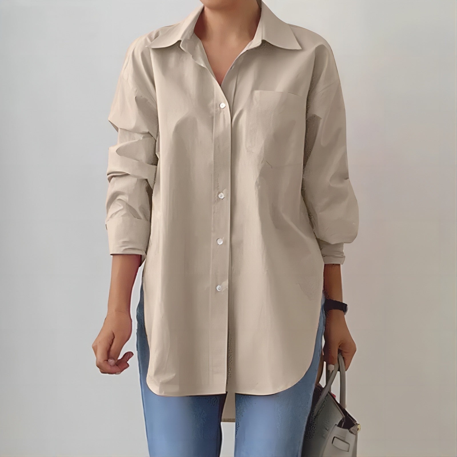 Solid-color Split-neck Long-sleeve Shirt
