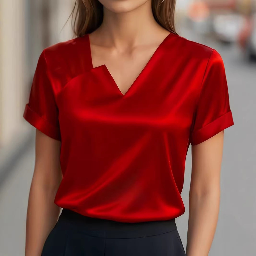 Satin Asymmetric V-Neck Short-Sleeve Shirt For Women