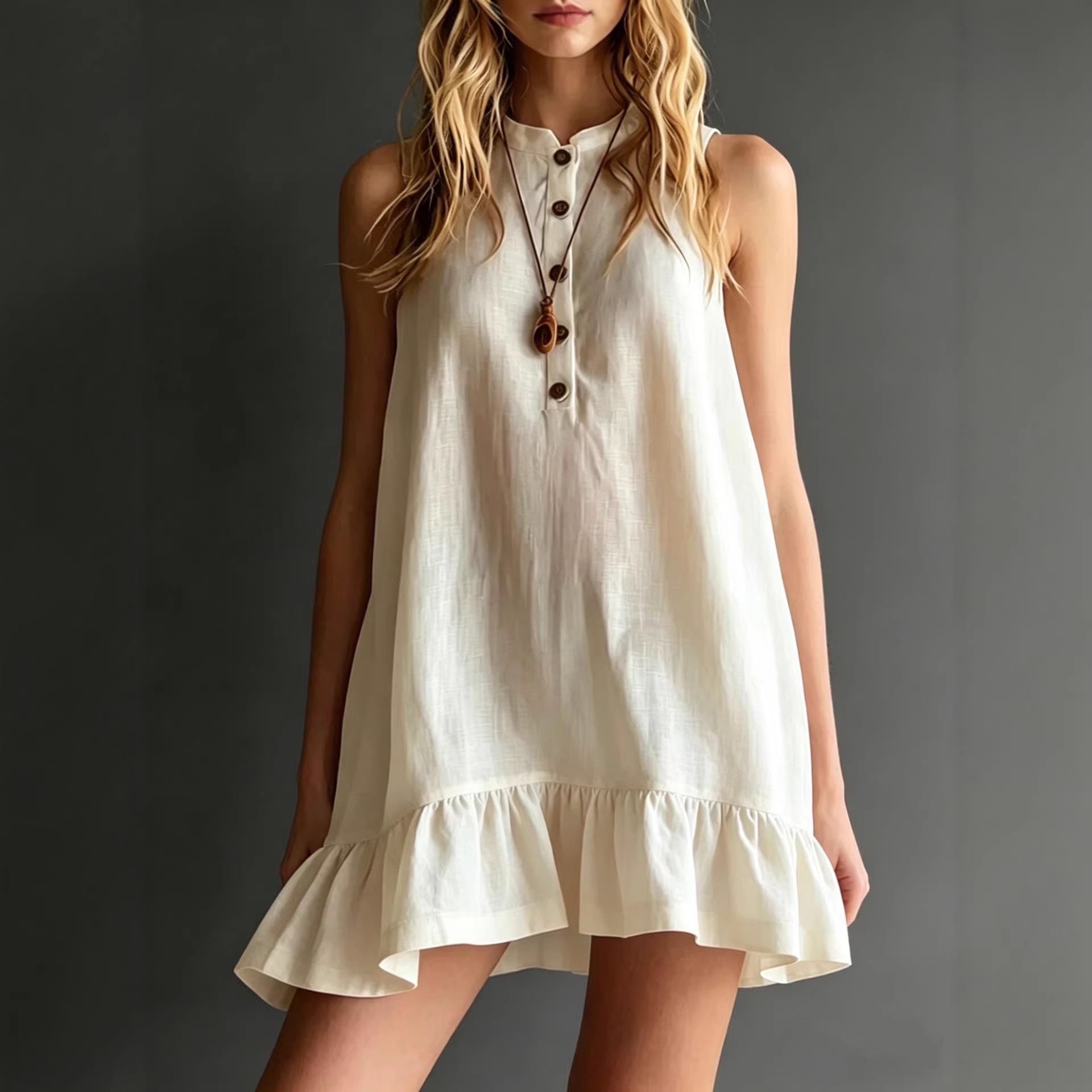 Cotton-Linen Solid-Color Stand Collar Sleeveless Ruffle-Trim Dress