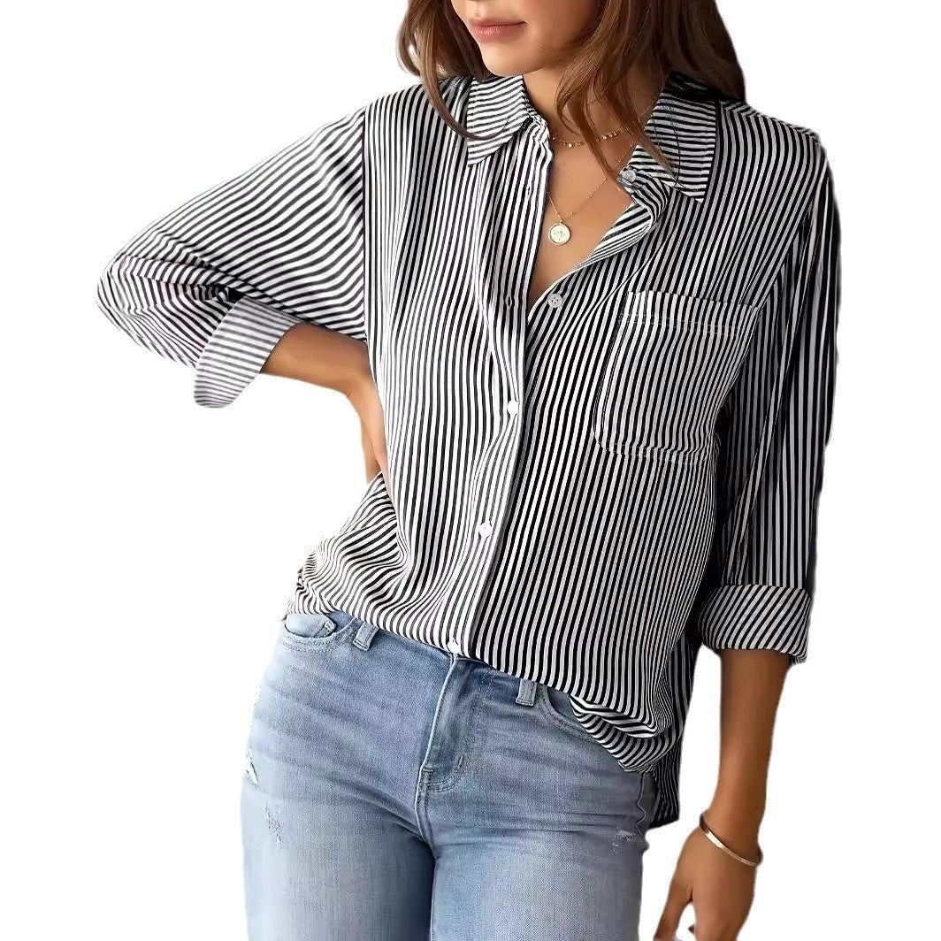 Women's Elegant Striped Long Sleeve Shirt - Pointed Lapel Collar With Chest Pocket