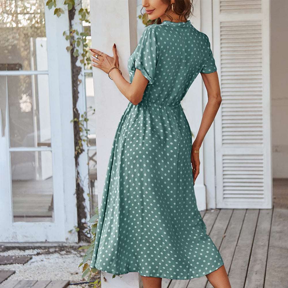 Women’s Polka Dot Short Sleeve Midi Dress with Waist Tie