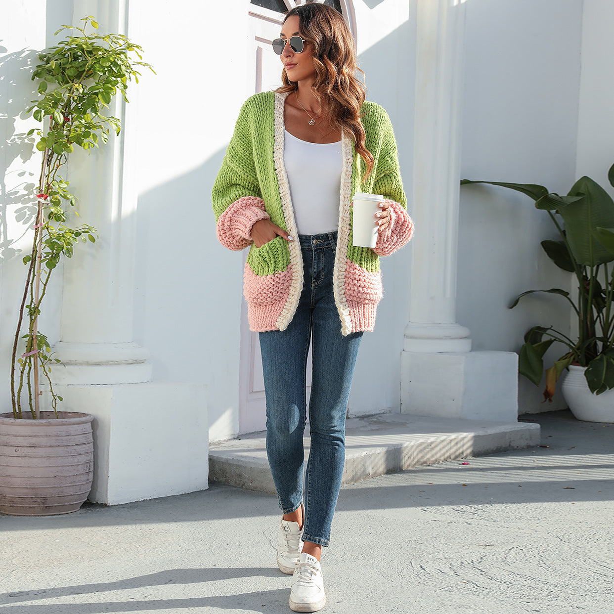 Thick Sweater Idle Style Contrast Color Knitted Cardigan For Women