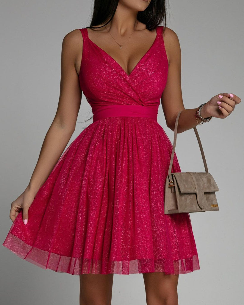 Women’s Elegant Sleeveless V-Neck Glitter Dress in 3 Colors S-XL - Wazzi's Wear