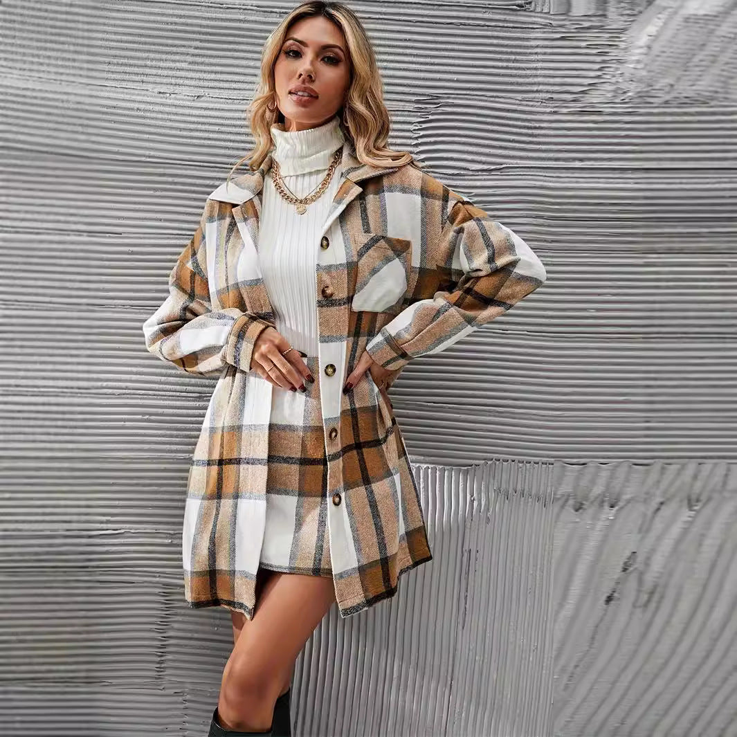 Women's Casual Woolen Women's Plaid Coat Skirt Suit