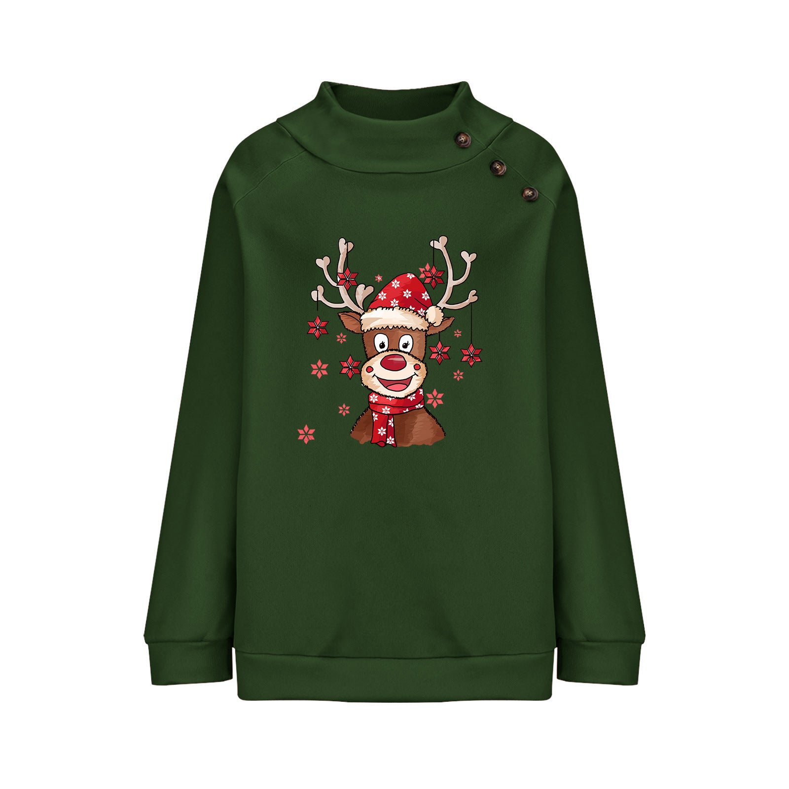Turtleneck Buttons Christmas Deer Loose Sweater Female