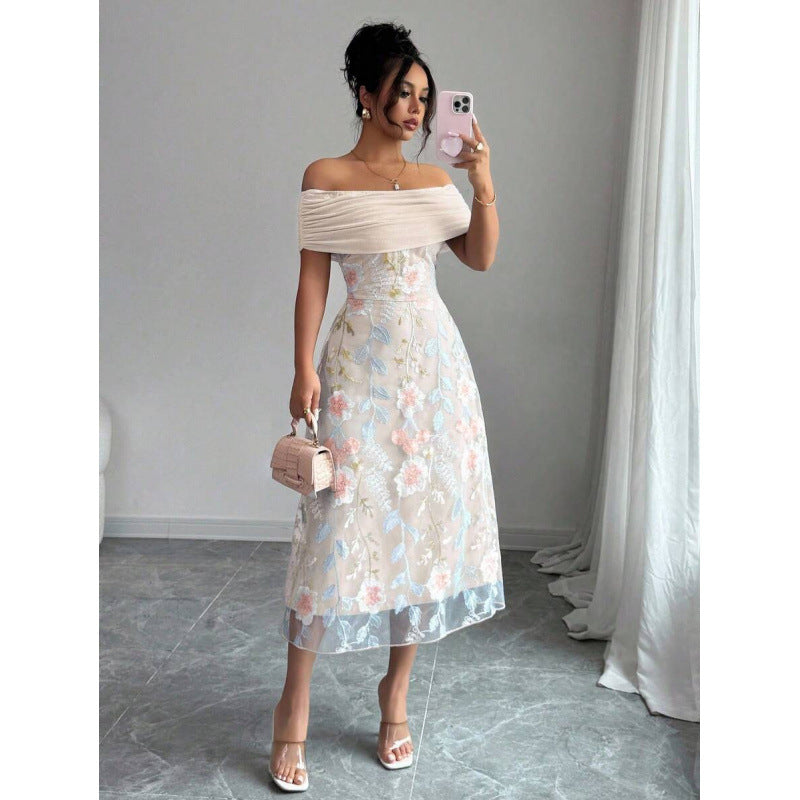Mesh-Panel Off-the-Shoulder Pleated Dress For Women
