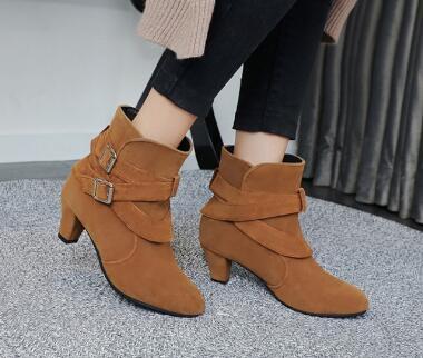 Women’s Suede Thick High Heel Ankle Boots with Buckles 