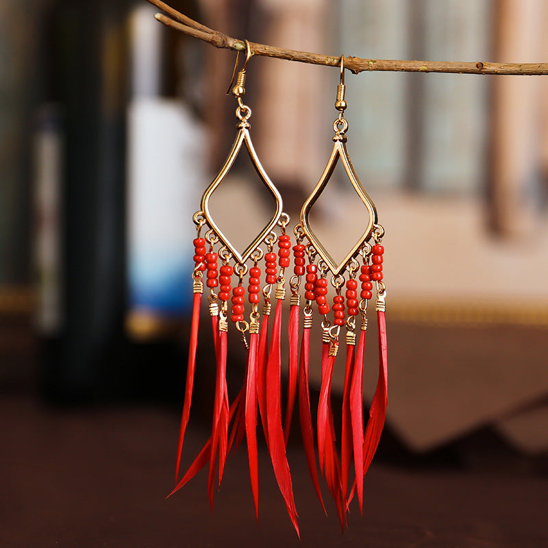 Women’s Beaded  Feather Tassel Bohemian Earrings in 6 Colors - Wazzi's Wear