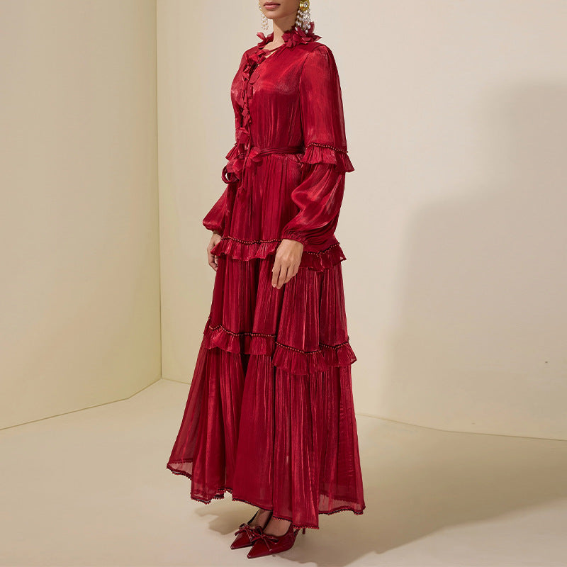 Women's Ruffled Panel Long-Sleeve Elegant Chiffon Dress