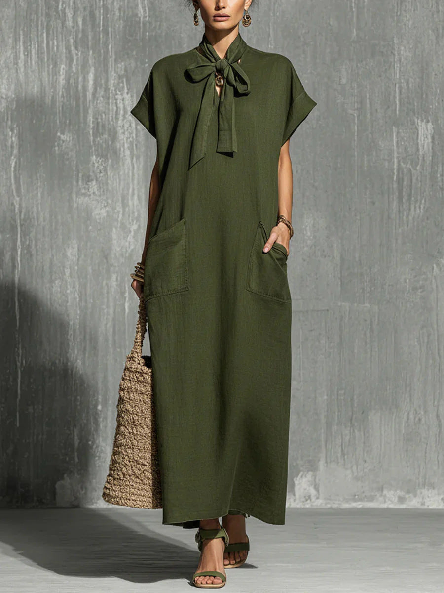 V-neck Lace-up Short-sleeve Solid-color Loose Casual Dress