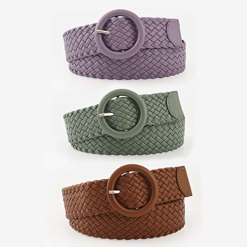 Woven Solid Colour Women’s Belt with Round Buckle