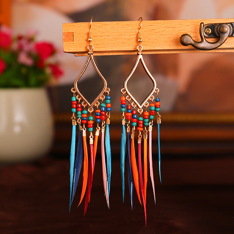 Women’s Beaded  Feather Tassel Bohemian Earrings in 6 Colors - Wazzi's Wear