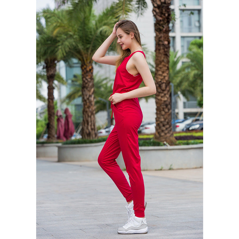 Women's Sleeveless Jumpsuit with Waist Tie and Pockets