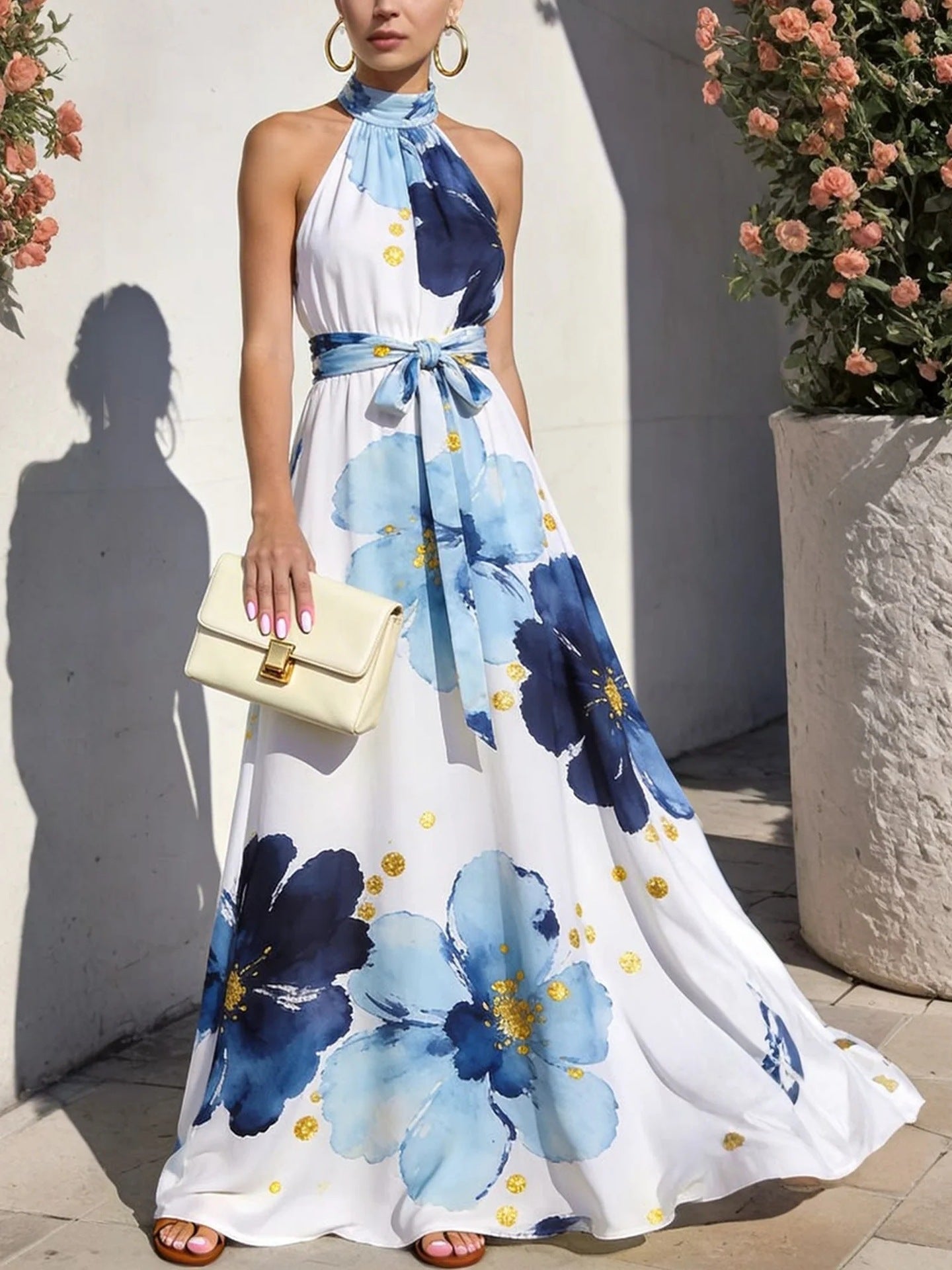 Resort-style Floral High-neck Lace-up Sleeveless Maxi Dress