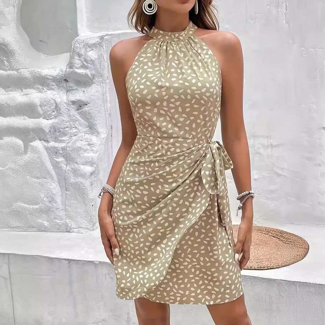 Women's Sleeveless Halter Neck Polka Dot Midi Dress with Side Tie