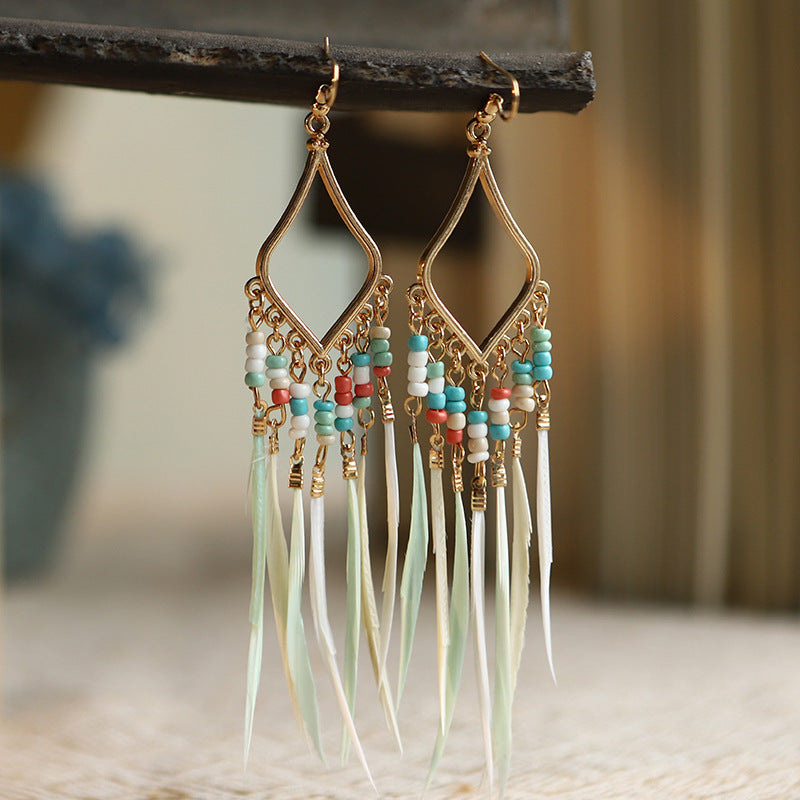 Women’s Beaded  Feather Tassel Bohemian Earrings in 6 Colors - Wazzi's Wear