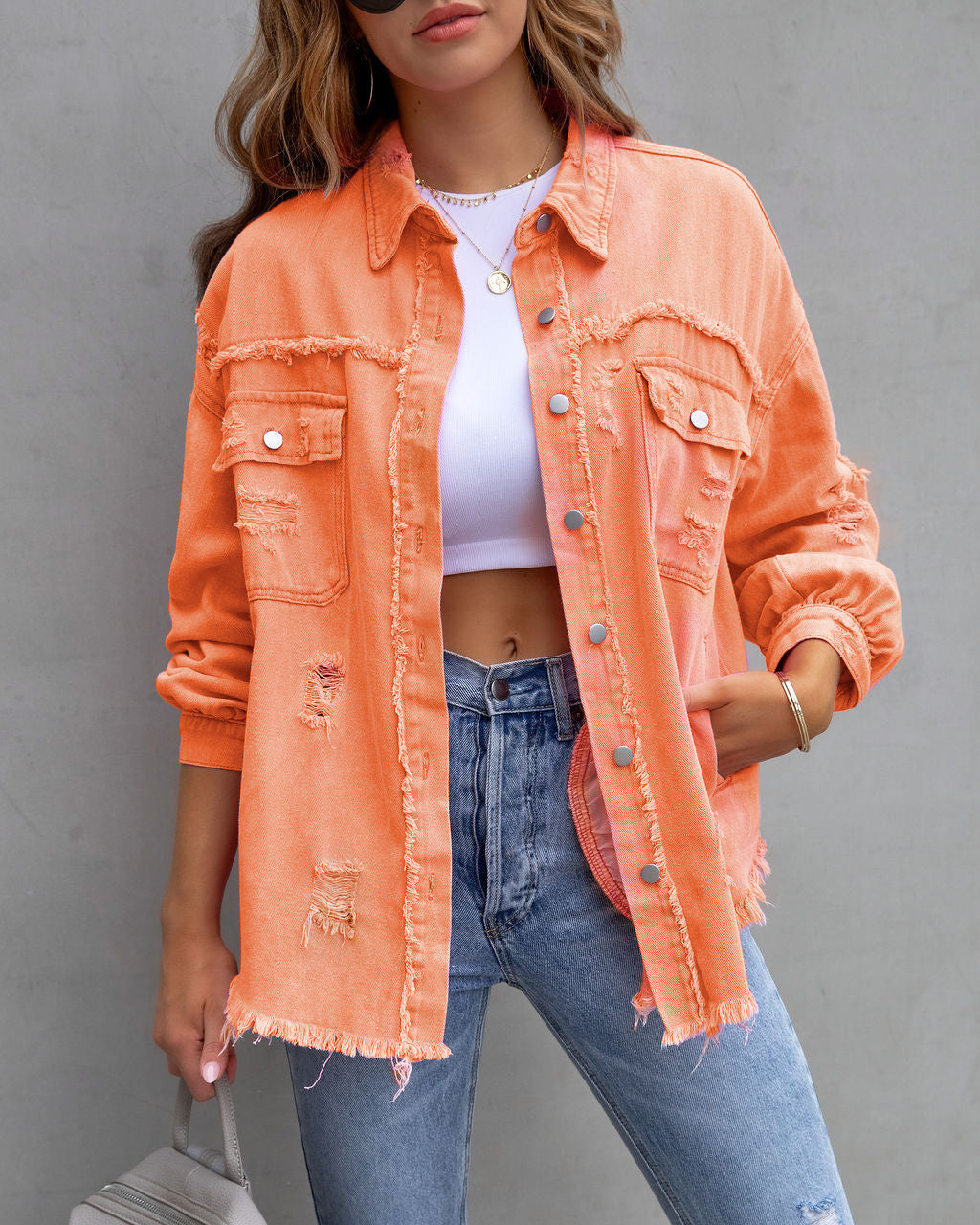 Women’s Ripped Button Shirt Jacket with Raw Hem