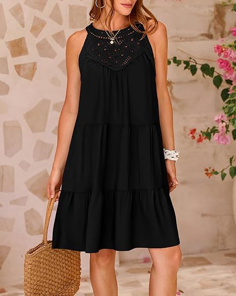 Women’s Halterneck Loose Fit Sleeveless Summer Dress with Lace in 8 Colors S-XXL