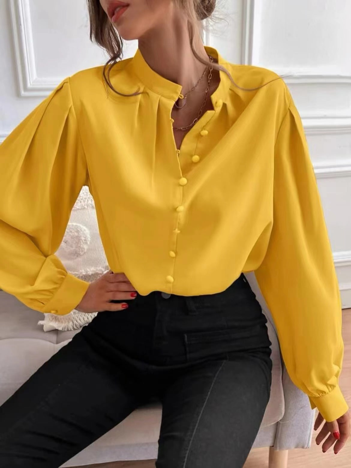 Women’s Mock Neck Long Sleeve Blouse with Pleated Collar