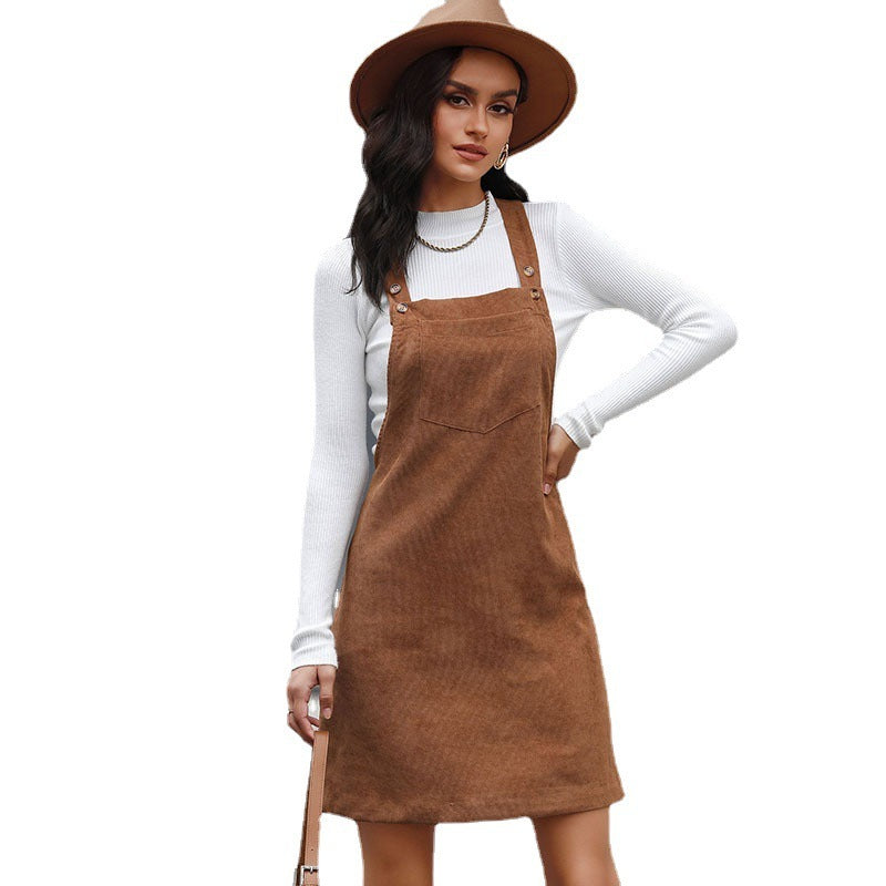 Autumn And Winter Cross-border Design Women's Retro Corduroy A- Line Strap Dress