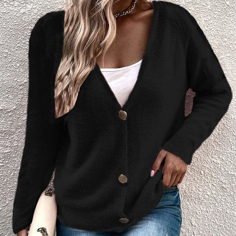 Women's V-Neck Button Cardigan Sweater in 6 Colors S-L - Wazzi's Wear