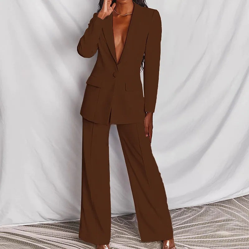 Women's 2-Piece Business Suit with Long Sleeves and Wide Legs in 8 Colors S-XXXL - Wazzi's Wear